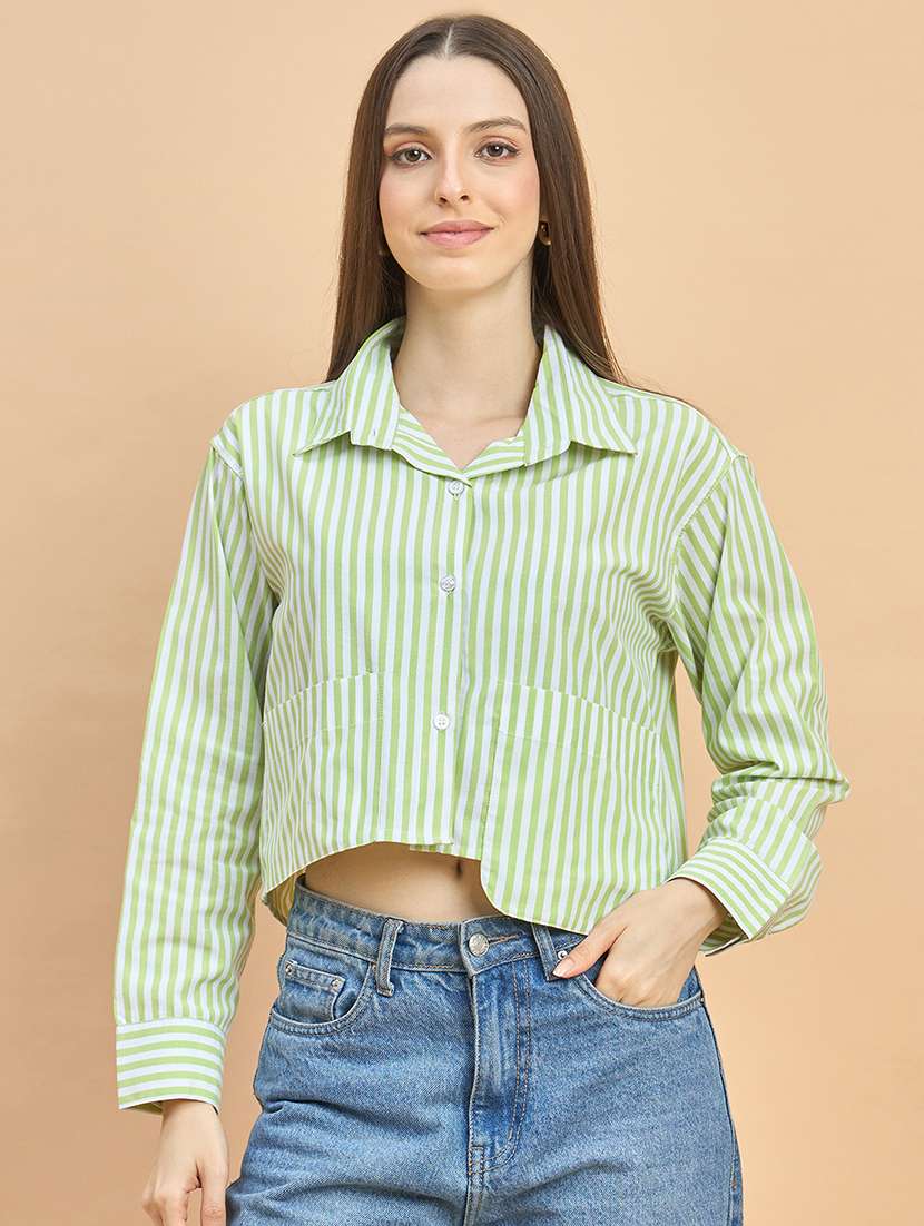 women striped collared long sleeve crop shirt - 22226537 -  Standard Image - 2