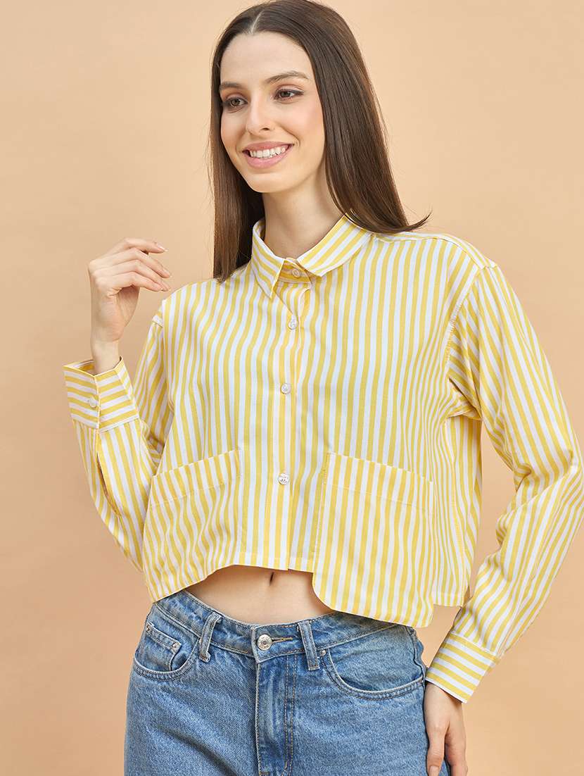 women striped collared long sleeve crop shirt