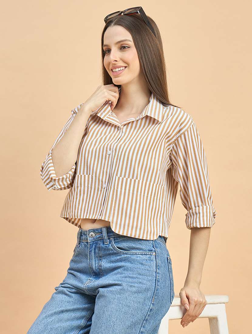 women striped collared long sleeve crop shirt