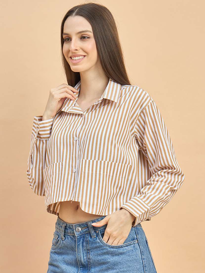 women striped collared long sleeve crop shirt - 22226540 -  Standard Image - 2
