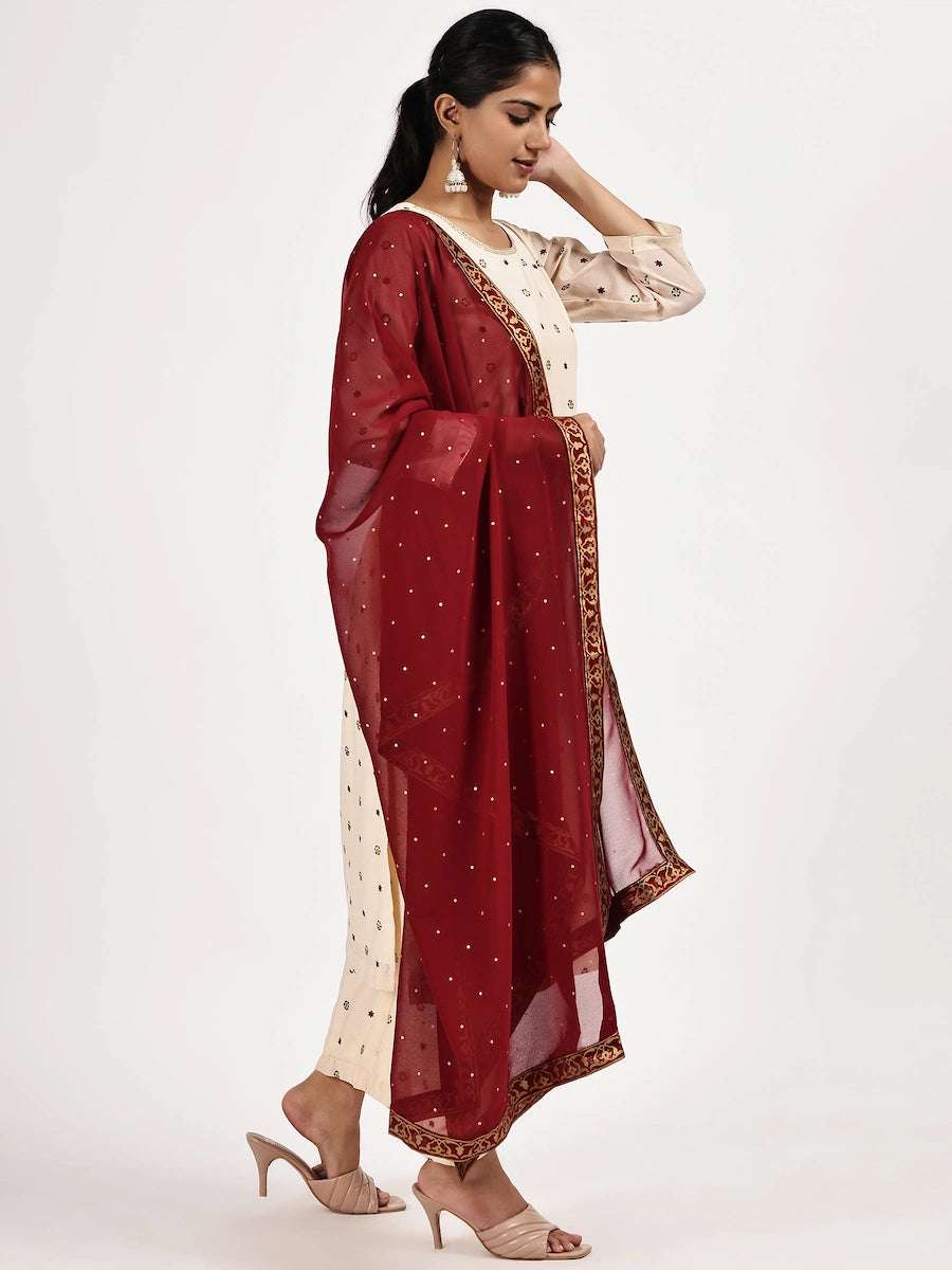 women solid with work three quarter sleeve kurta pant with dupatta set - 22226546 -  Standard Image - 2