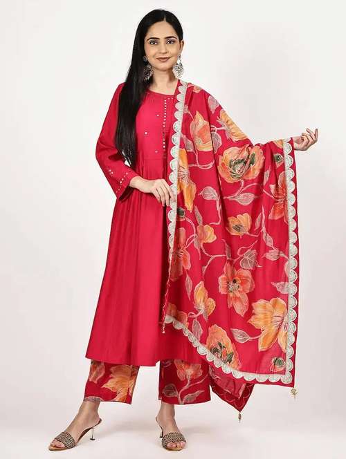 women solid with work three quarter sleeve kurta pant with dupatta set - 22226549 -  Standard Image - 0