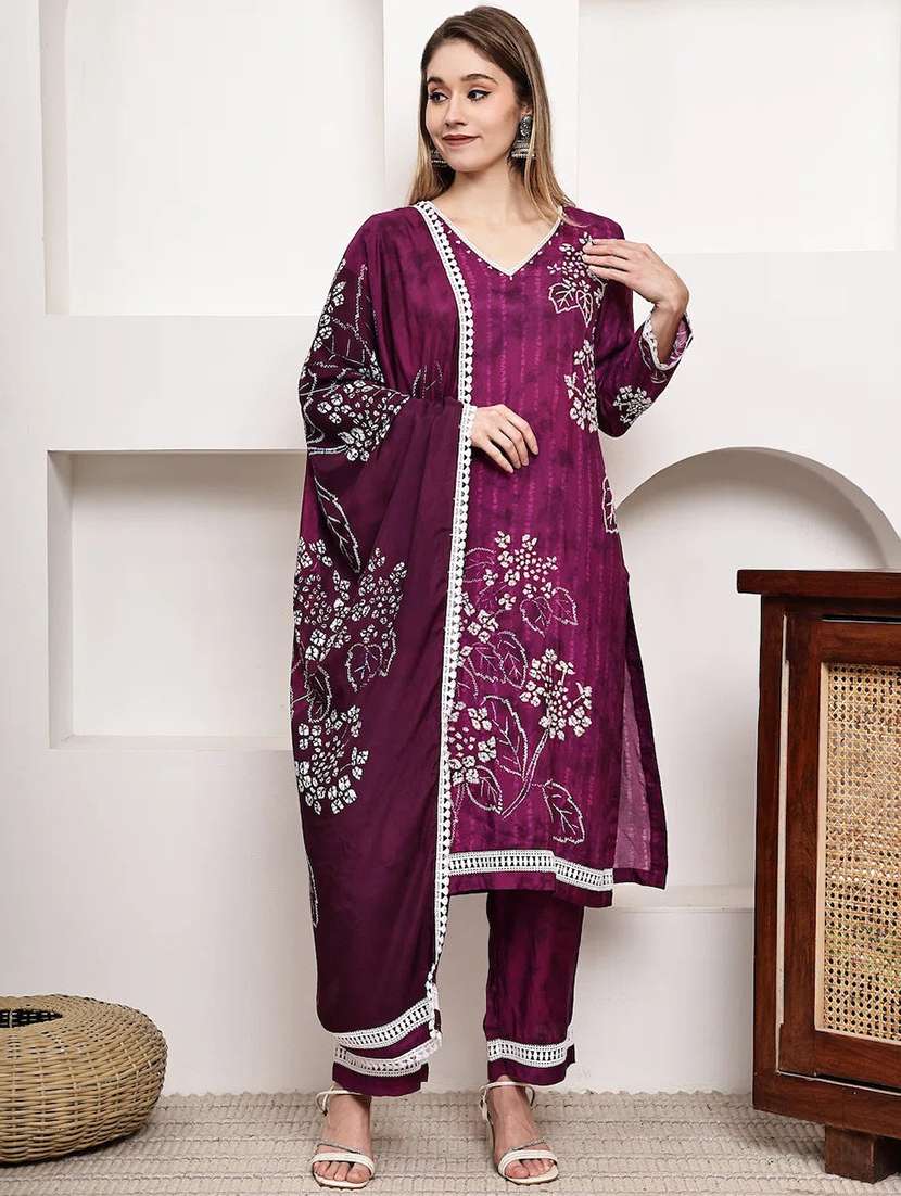 women printed long sleeve kurta pant with dupatta set