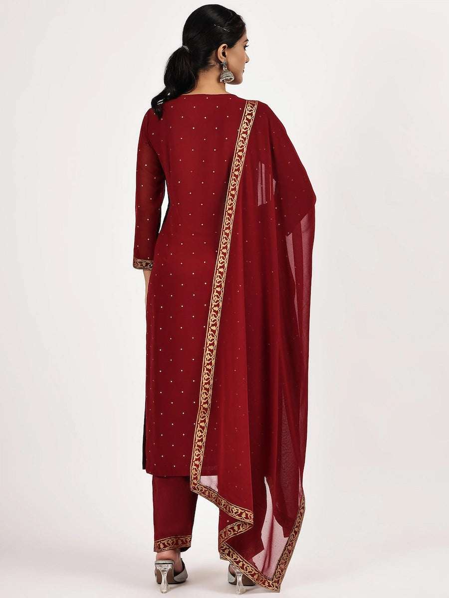 women solid with work three quarter sleeve kurta pant with dupatta set - 22226575 -  Standard Image - 2