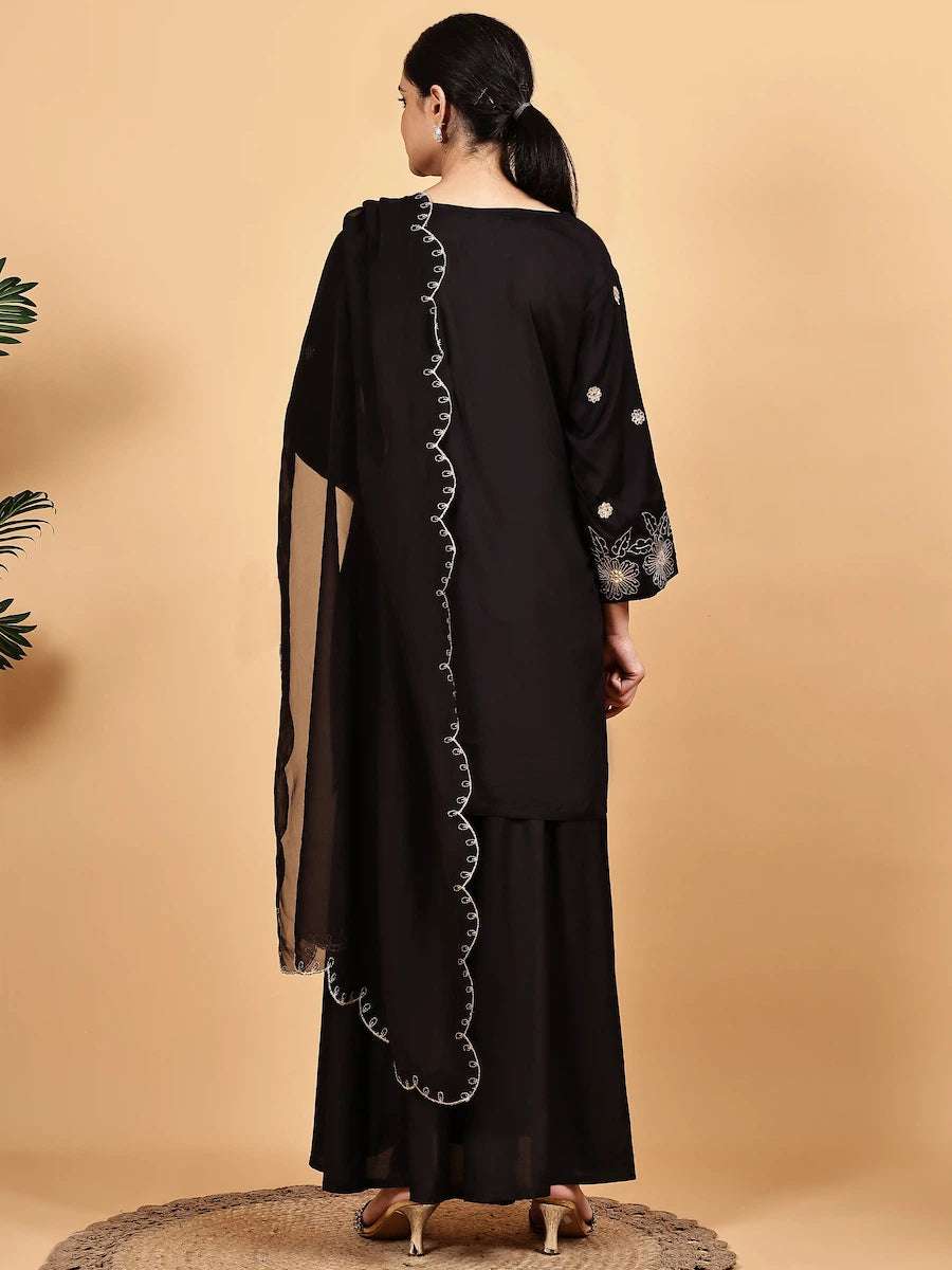 women solid with work three quarter sleeve kurta sharara with dupatta set - 22226580 -  Standard Image - 2