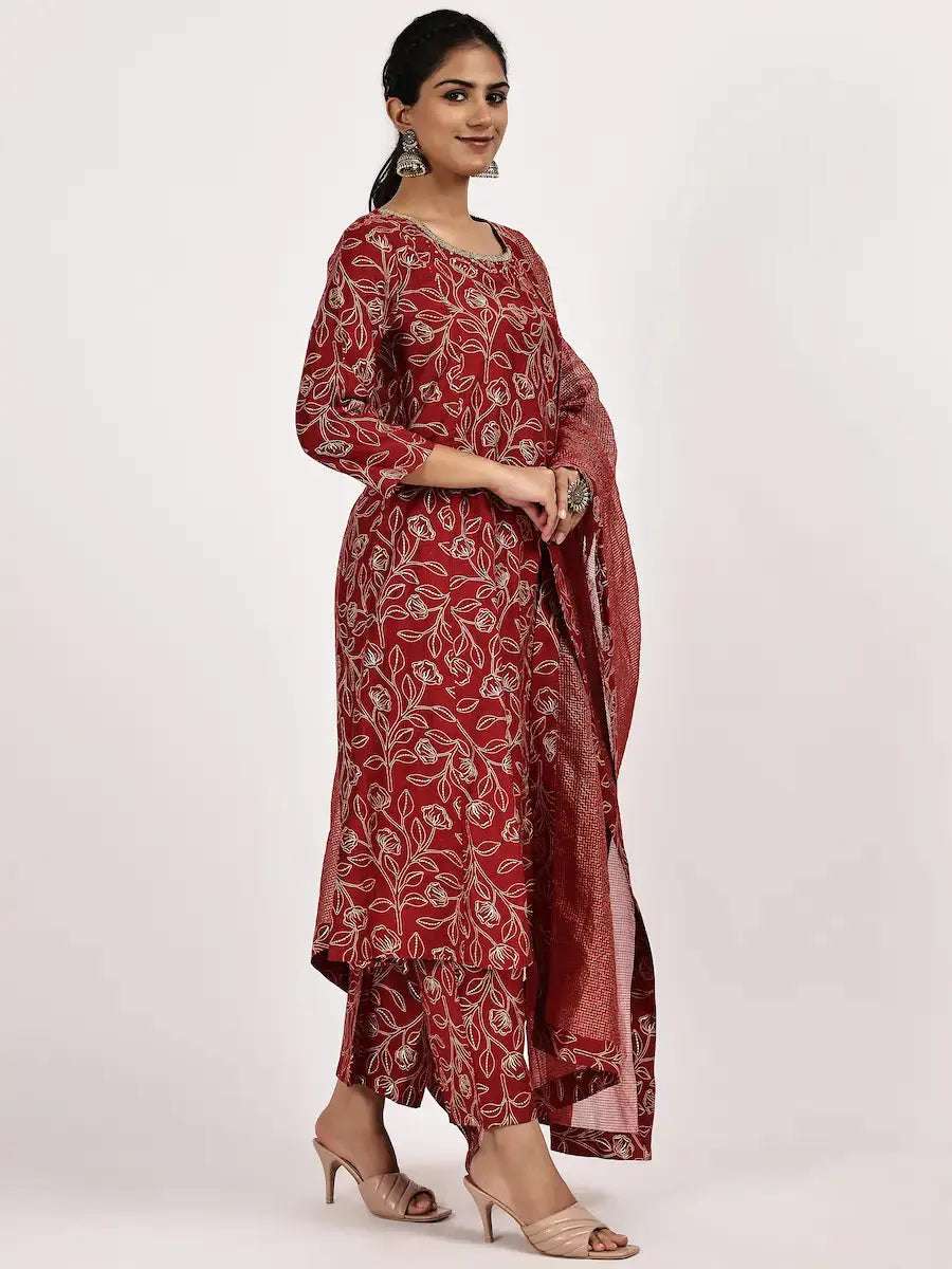 women floral three quarter sleeve kurta pant with dupatta set - 22226597 -  Standard Image - 2