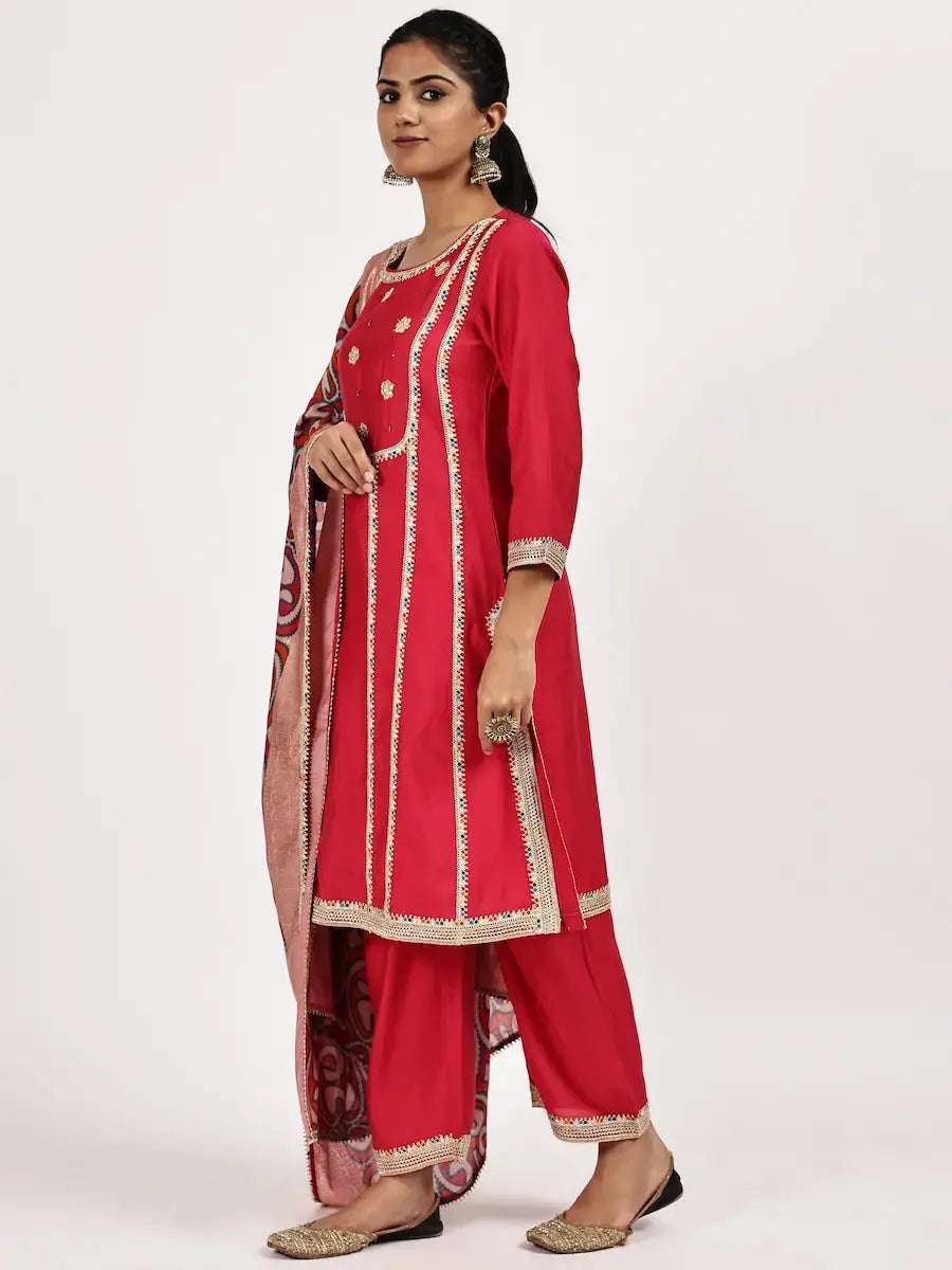 women solid with work three quarter sleeve kurta pant with dupatta set - 22226599 -  Standard Image - 2