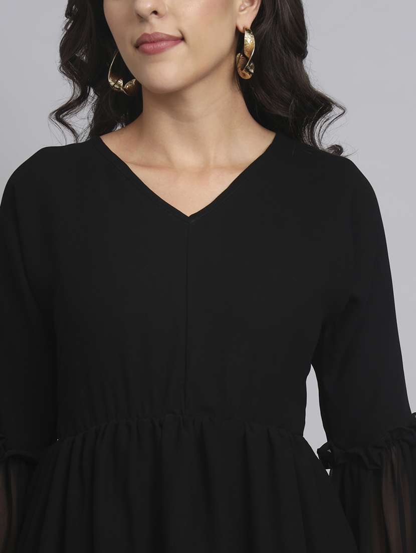 women solid bell sleeve fit & flare dress - 22226841 -  Standard Image - 2