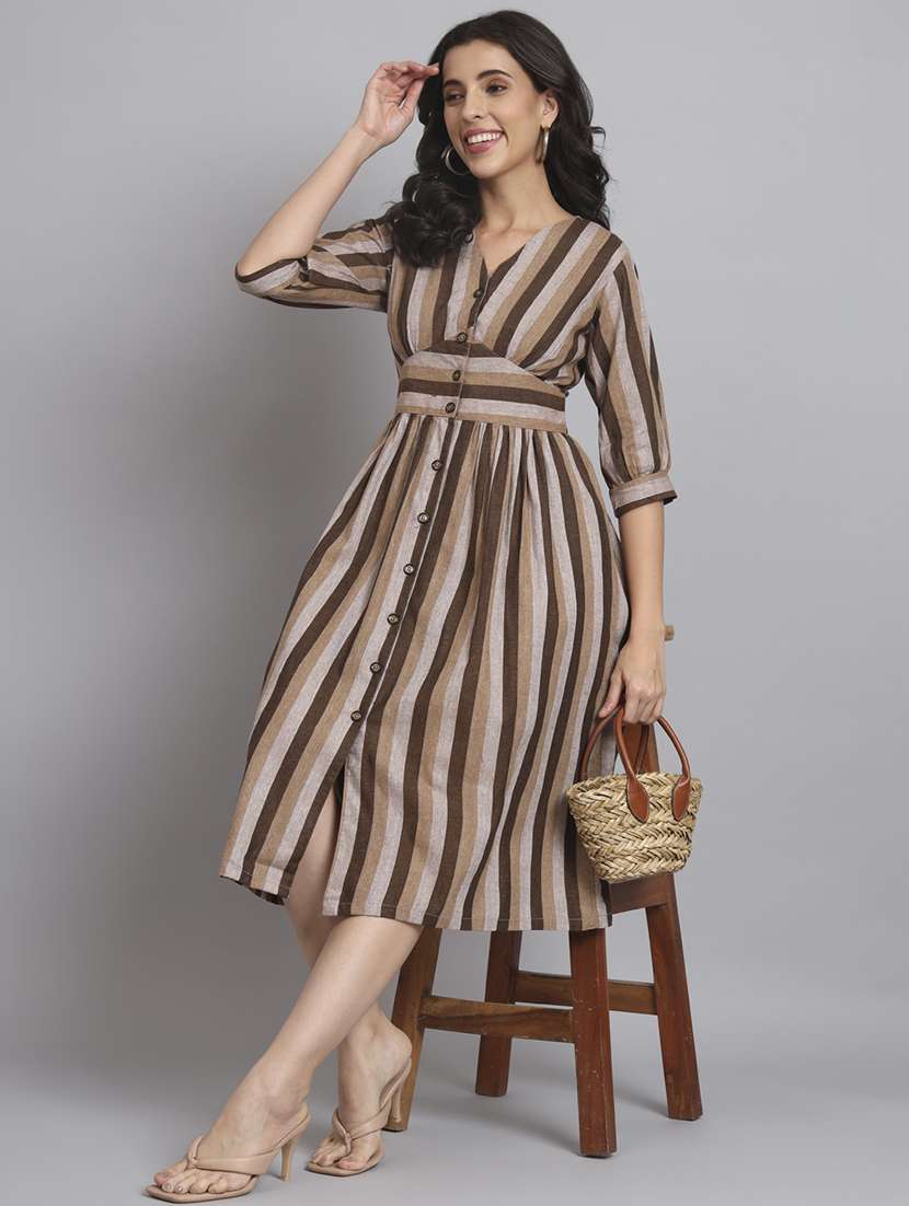 women striped three quarter sleeve a-line dress