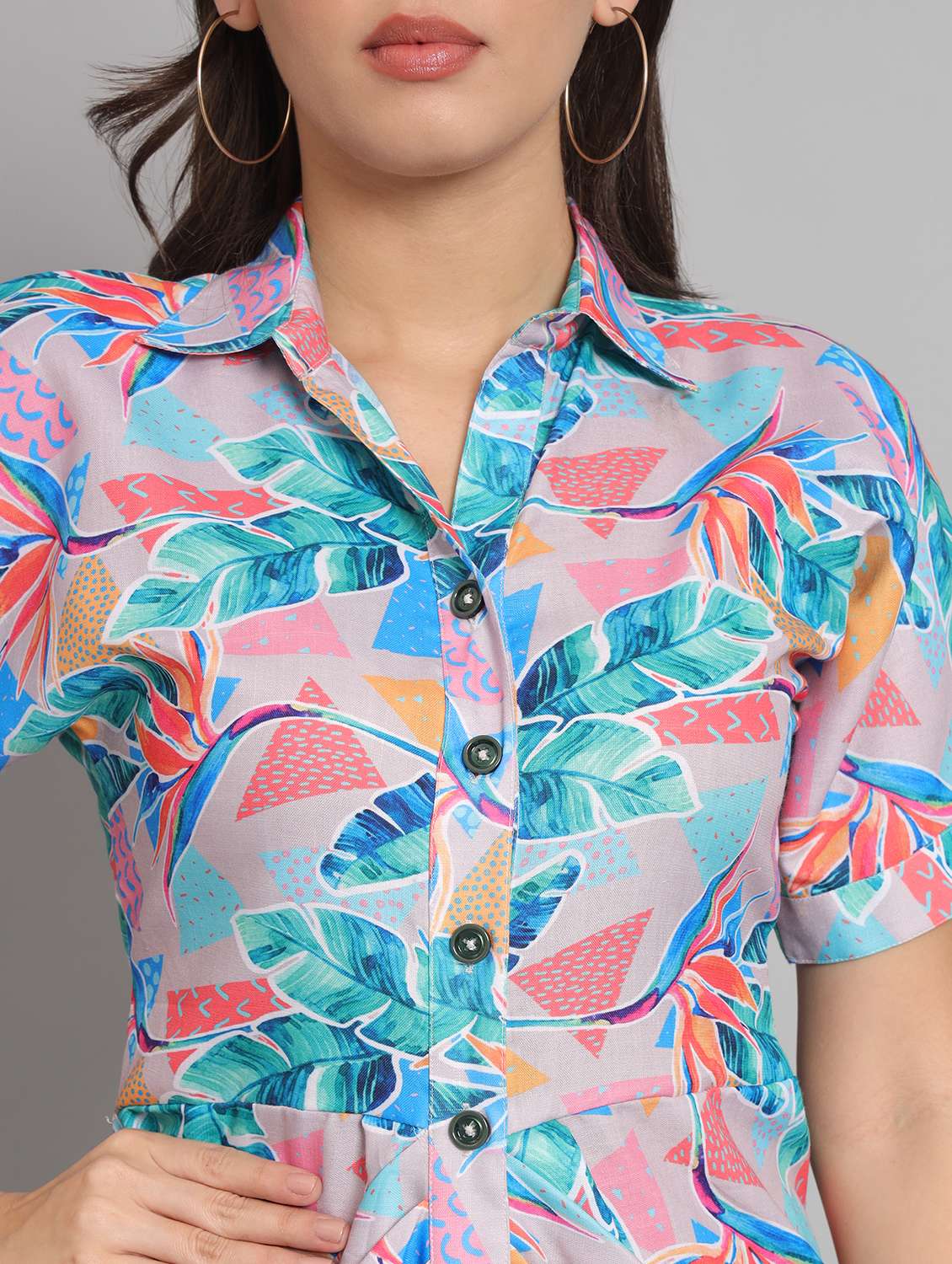 women prinred collared short sleeve asymmetric dress - 22226854 -  Standard Image - 2