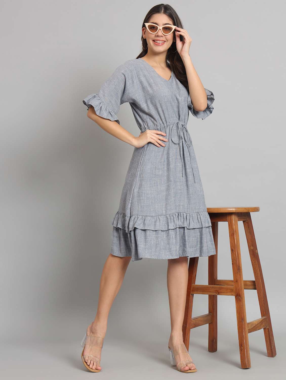 women solid bell sleeve layered dress
