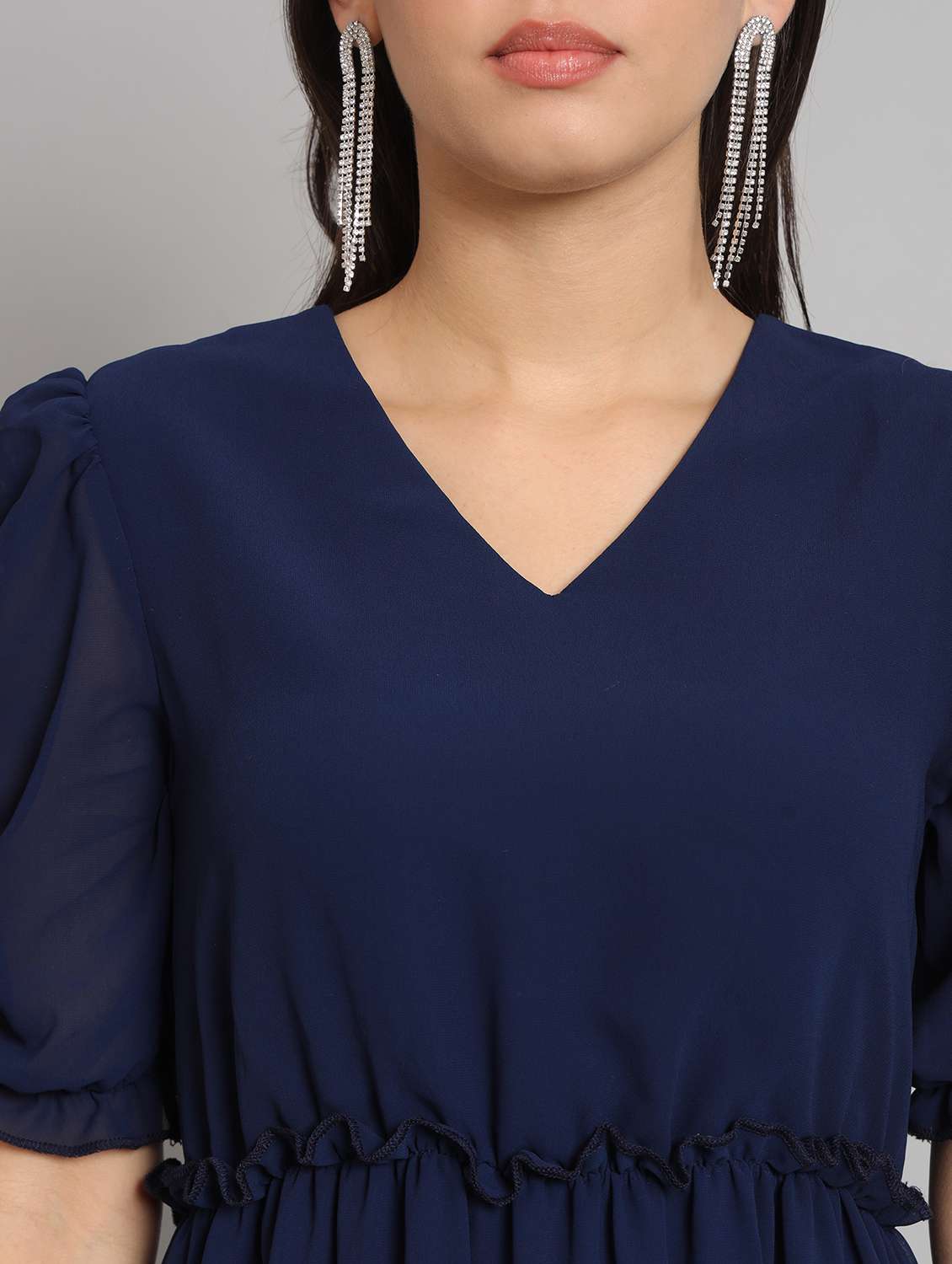 women solid puff sleeve tiered dress - 22226861 -  Standard Image - 2