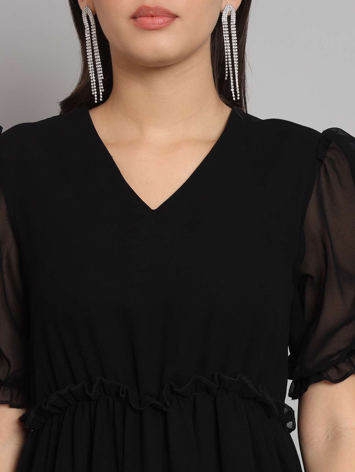 women solid puff sleeve tiered dress - 22226862 -  Standard Image - 2