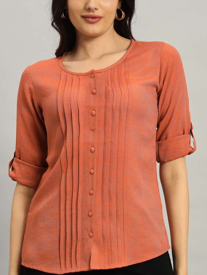 women solid rol up sleeve regular top - 22226865 -  Standard Image - 2