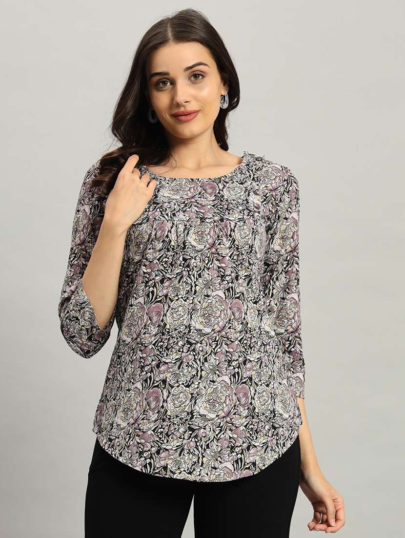 women printed three quarter sleeve a-line top