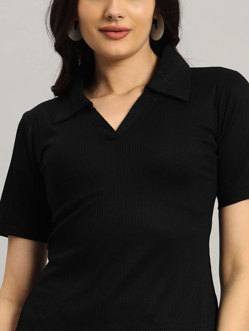 women solid short sleeve collared top - 22226873 -  Standard Image - 2