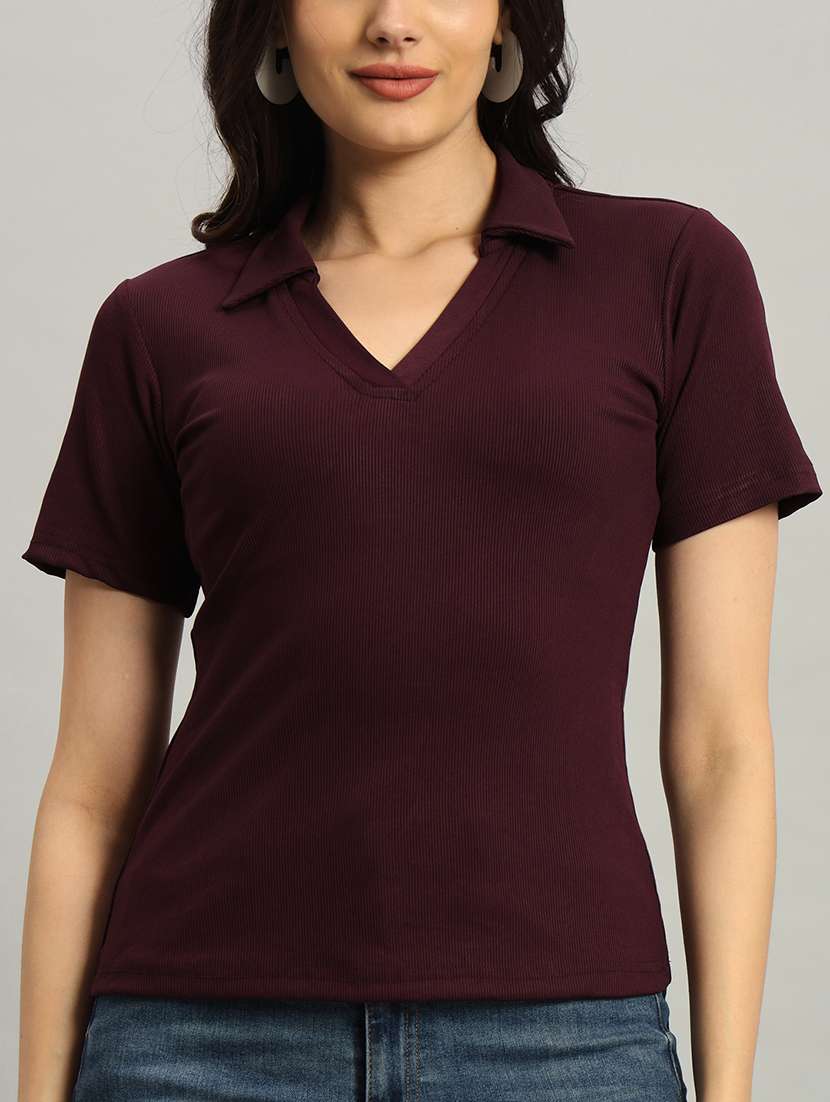 women solid short sleeve collared top - 22226875 -  Standard Image - 2