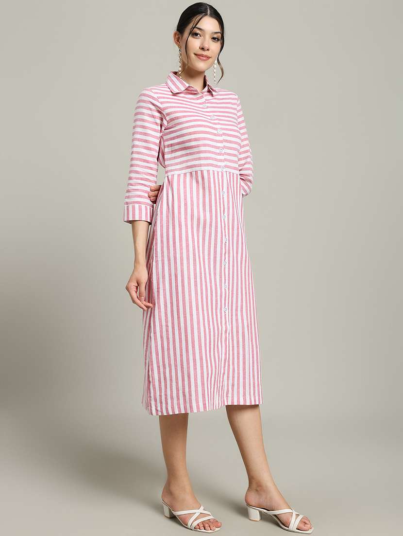 women striped collared three quarter sleeve shirt dress - 22227076 -  Standard Image - 2