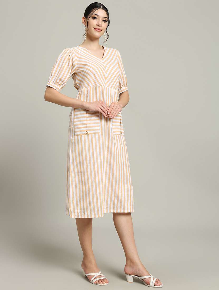 women striped puff sleeve a-line dress - 22227080 -  Standard Image - 2