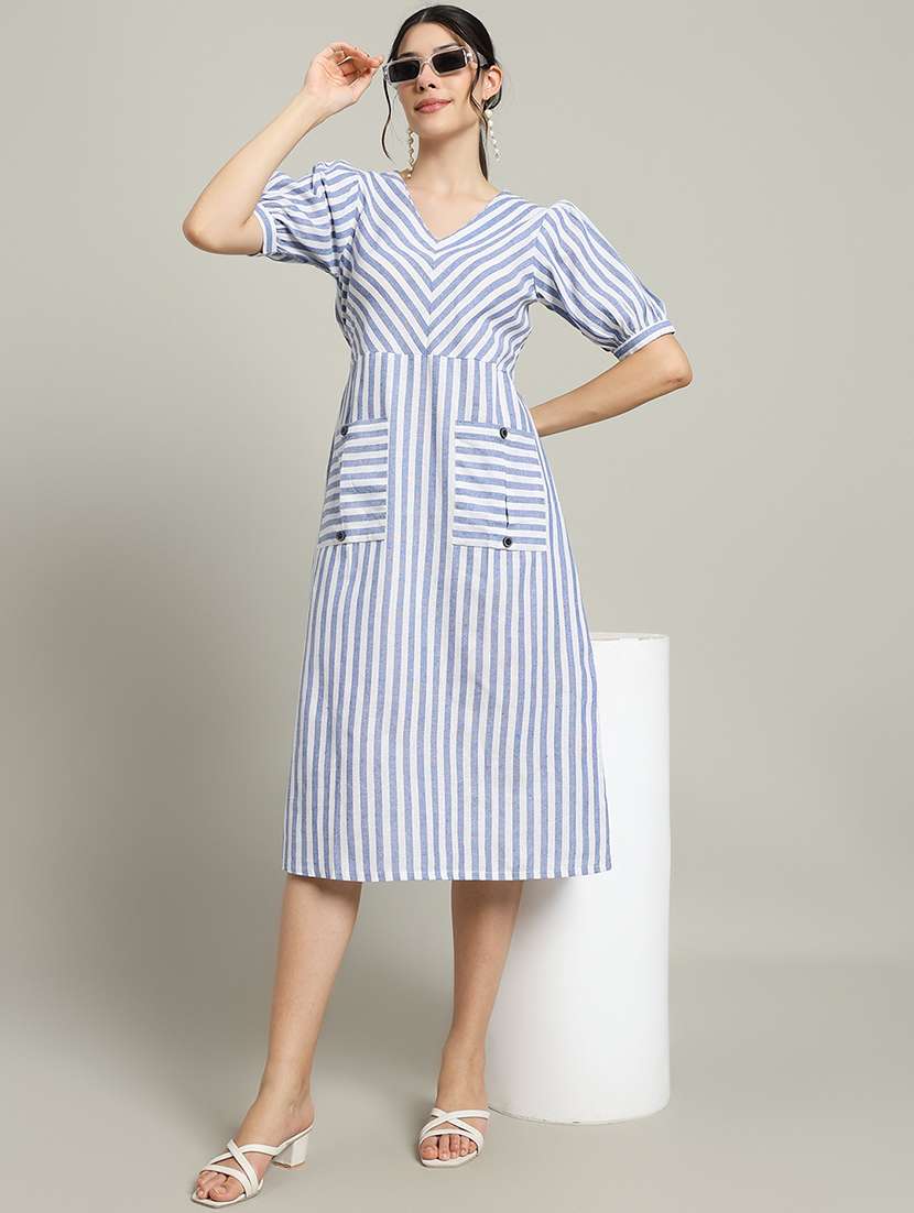 women striped puff sleeve a-line dress