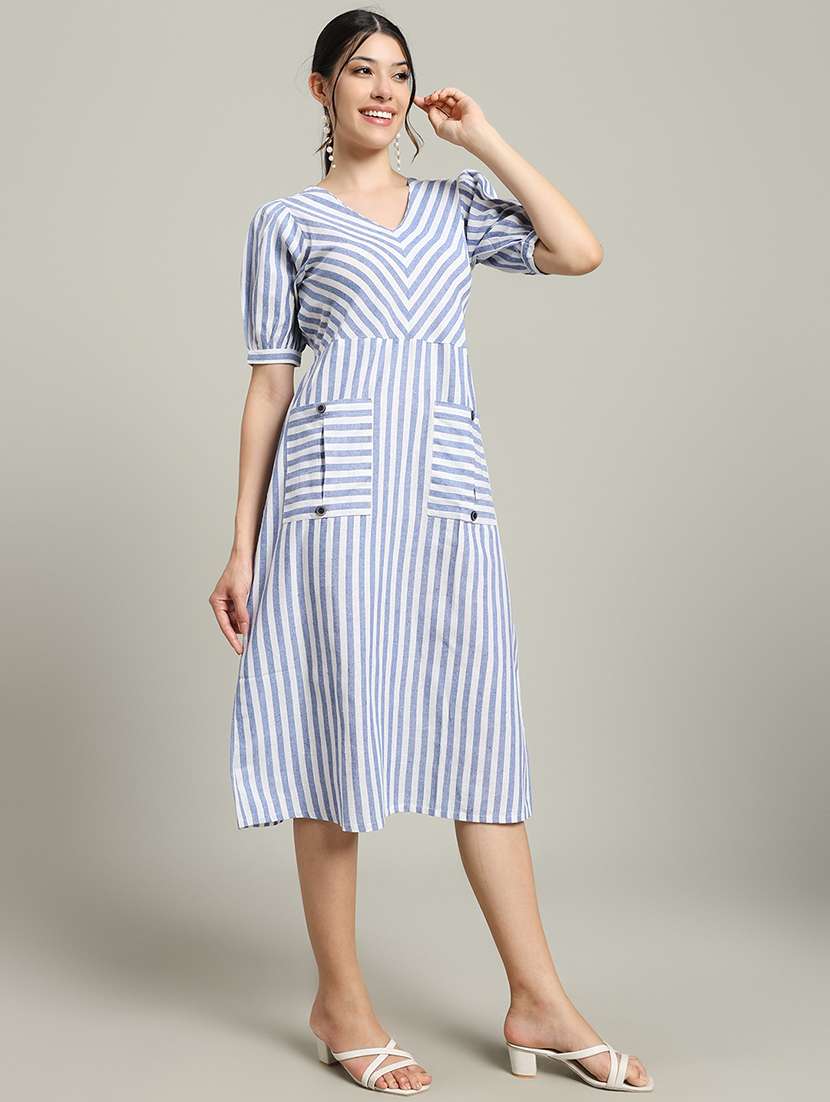 women striped puff sleeve a-line dress - 22227081 -  Standard Image - 2