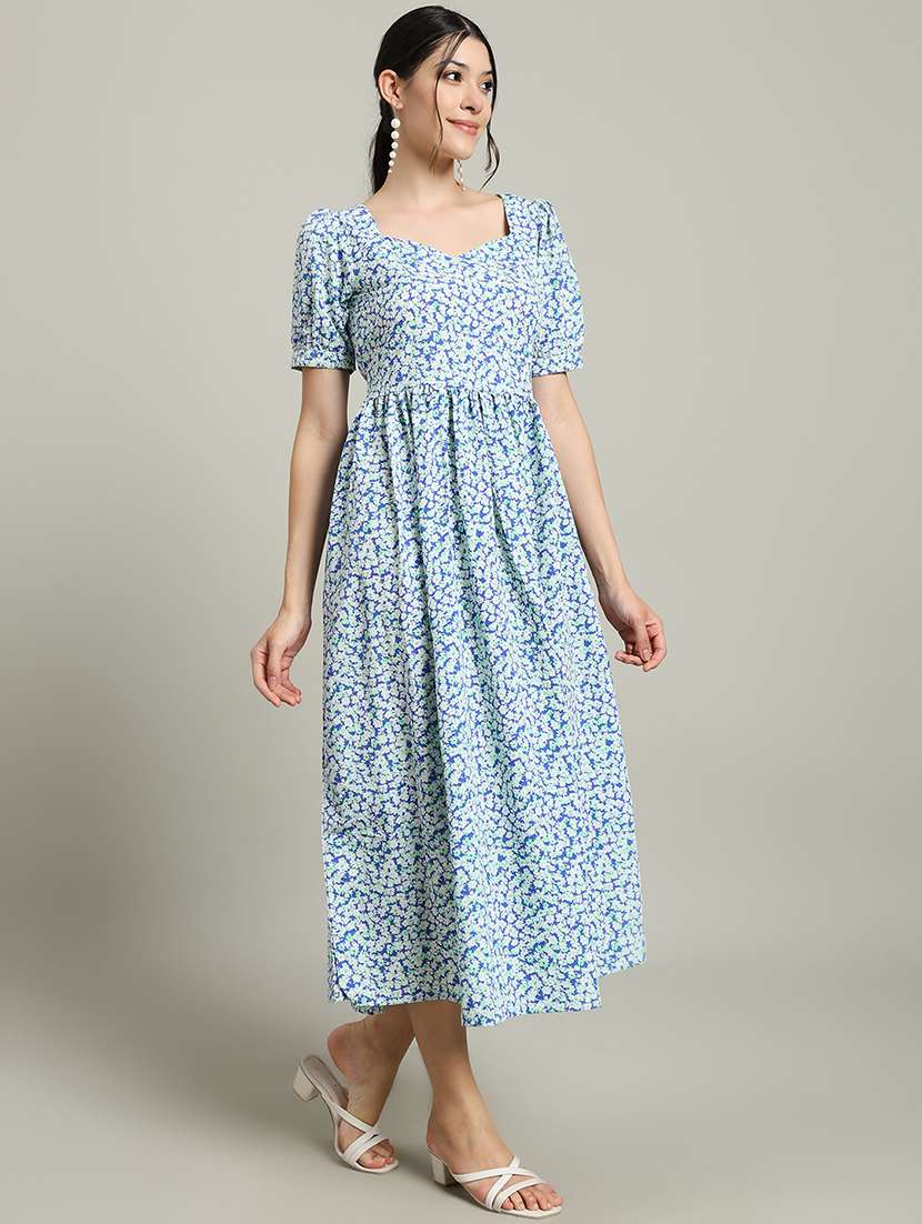 women printed puff sleeve fit & flare dress - 22227083 -  Standard Image - 2