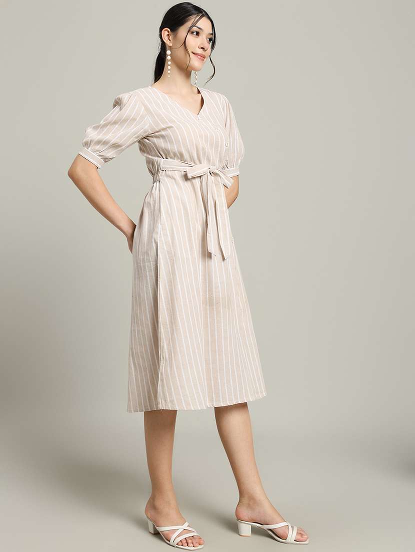 women striped puff sleeve a-line dress - 22227087 -  Standard Image - 2