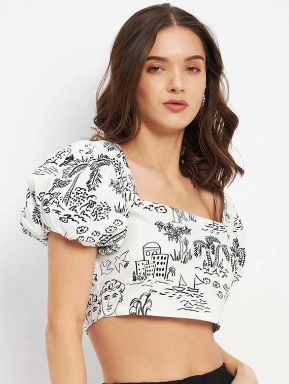 women printed puff sleeve crop top - 22227096 -  Standard Image - 2