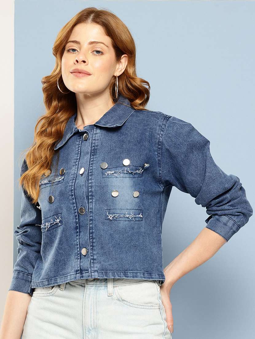 women solid collared long sleeve denim jacket