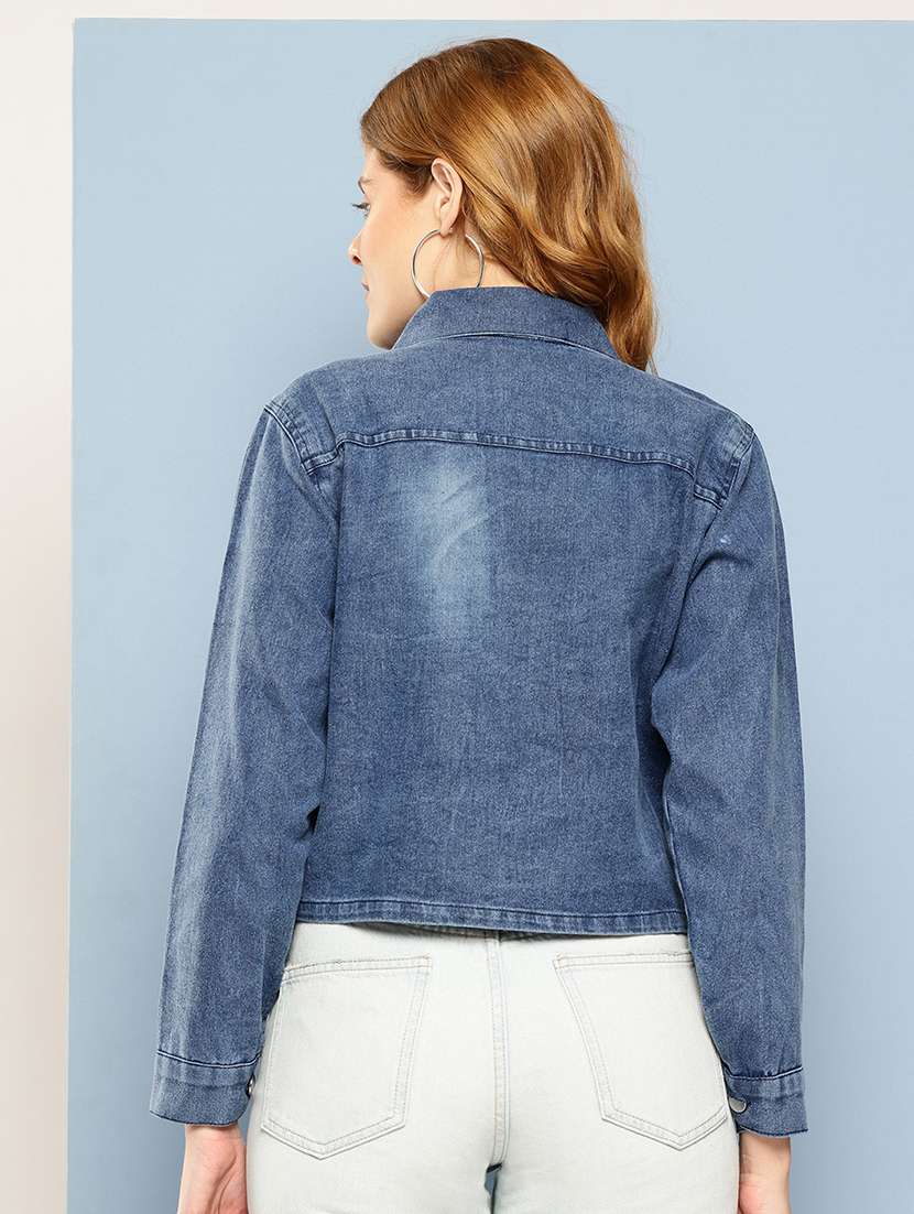 women solid collared long sleeve denim jacket - 22227134 -  Standard Image - 2