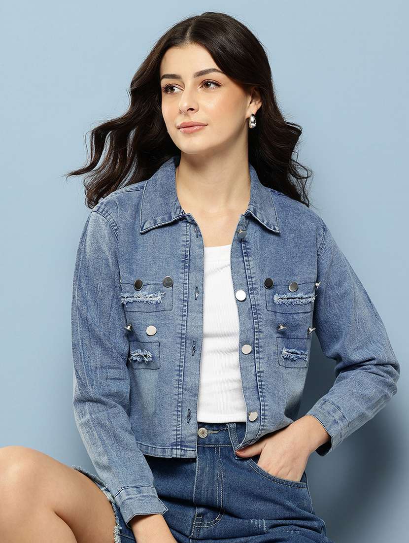 women solid collared long sleeve denim jacket