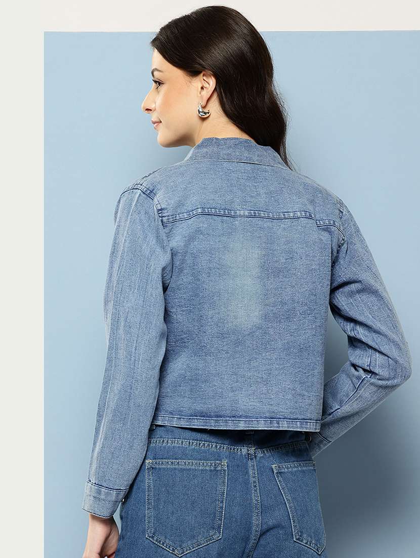 women solid collared long sleeve denim jacket - 22227135 -  Standard Image - 2
