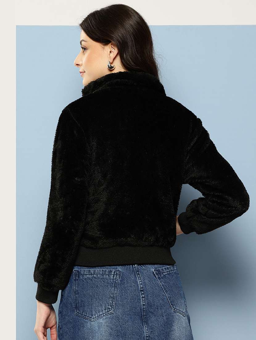 women solid stand collar long sleeve fur jacket  - 22227136 -  Standard Image - 2