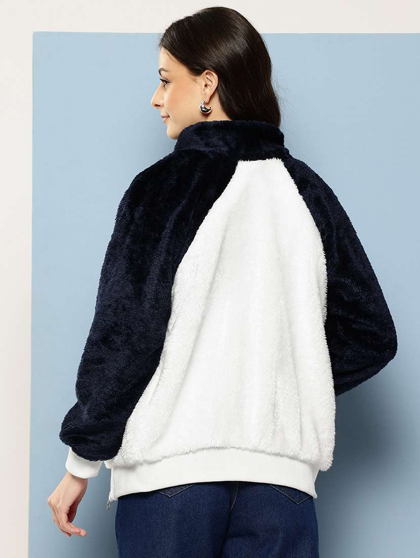 women color blocked stand collar long sleeve fur jacket - 22227137 -  Standard Image - 2