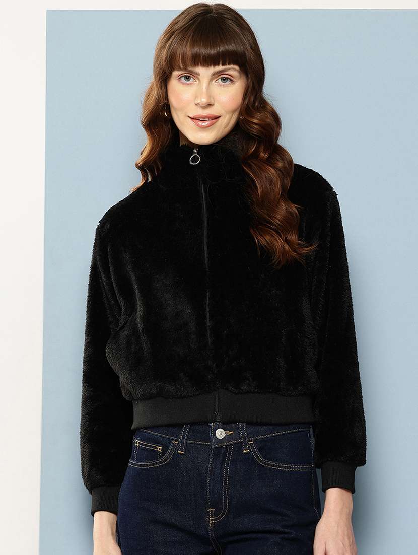 women solid stand collar long sleeve faux fur jacket