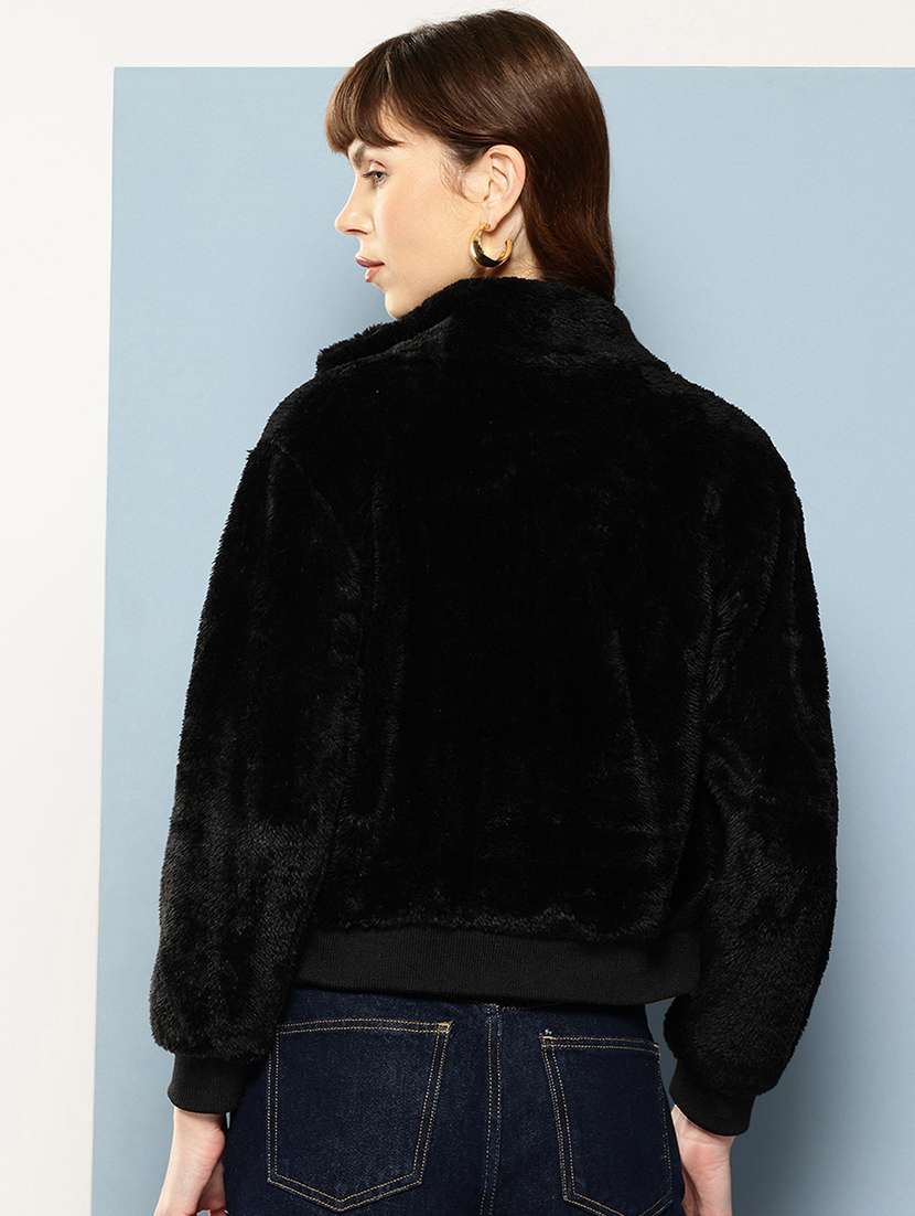 women solid stand collar long sleeve faux fur jacket - 22227139 -  Standard Image - 2