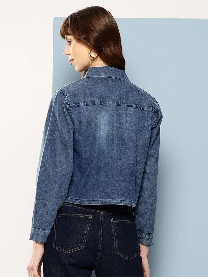 women solid collared long sleeve denim jacket - 22227141 -  Standard Image - 2