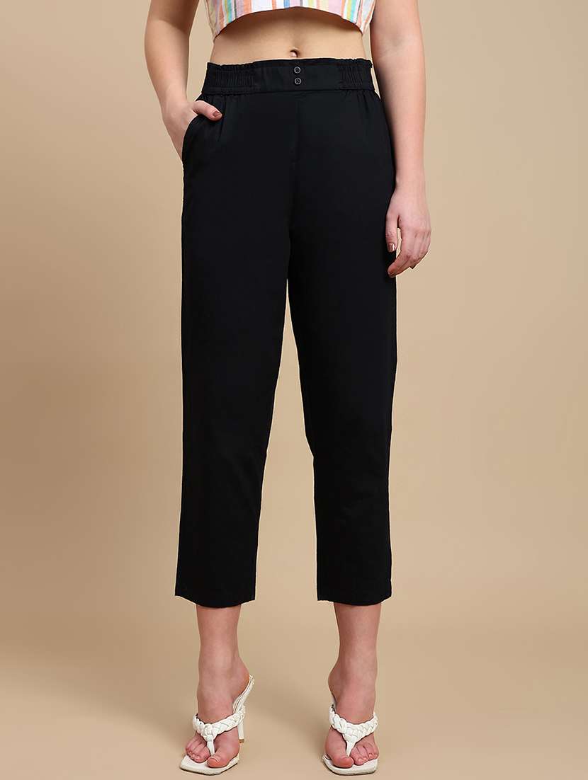 women solid mid rise straight fit trouser