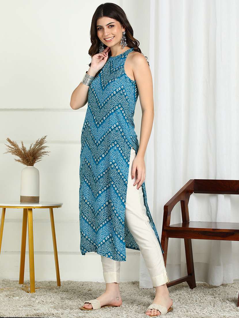 Women Bandhani Printed Sleeveless Stright Kurta - 22227435 -  Standard Image - 2