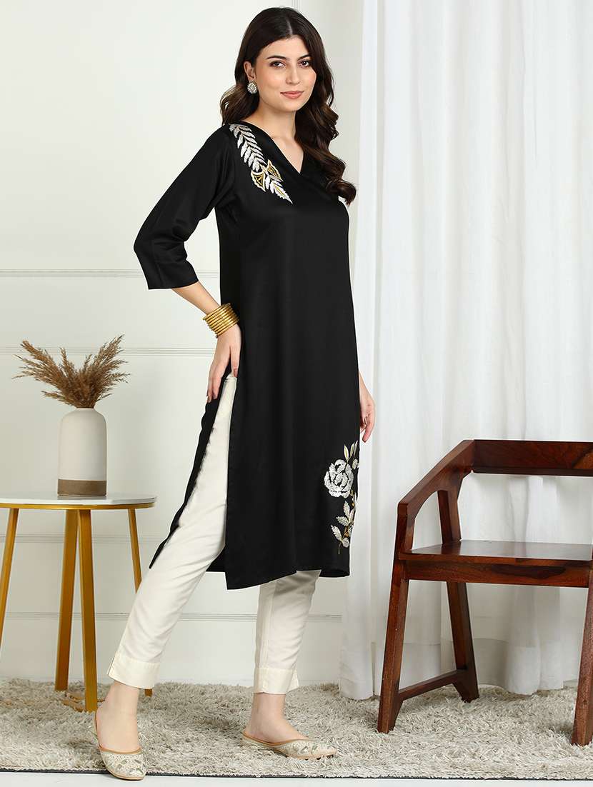 women solid with work three quarter sleeve straight kurta - 22227436 -  Standard Image - 2
