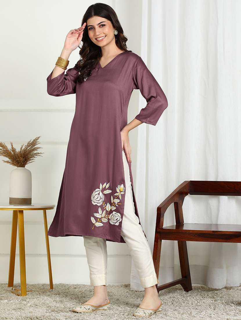 women solid with work three quarter sleeve straight kurta - 22227437 -  Standard Image - 2