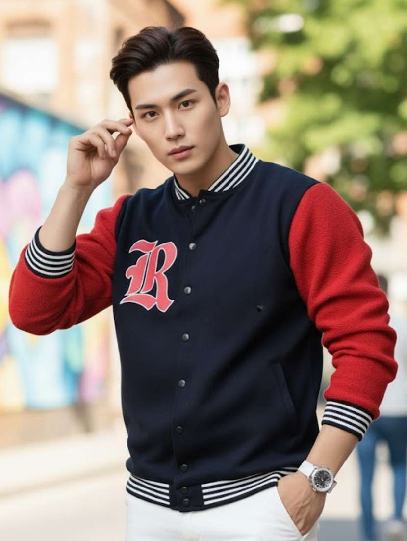 men color block henley neck varsity jacket
