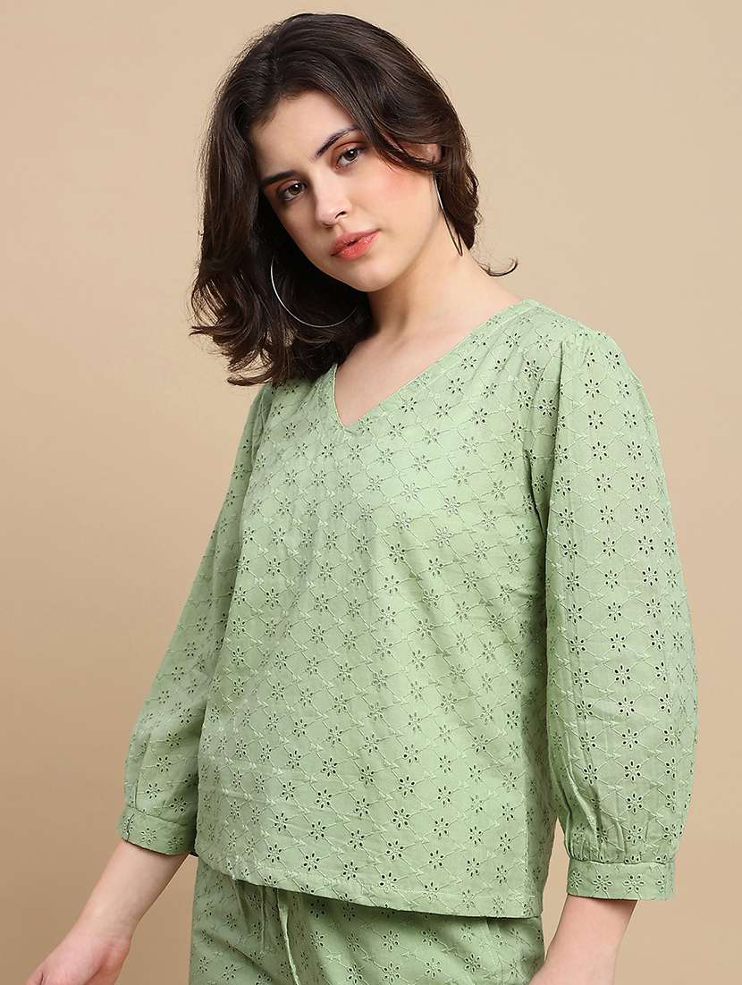 women solid with work three quarter sleeve ethnic top - 22227473 -  Standard Image - 2