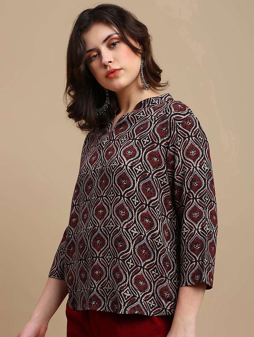 women printed three quarter sleeve a-line ethnic top - 22227483 -  Standard Image - 2