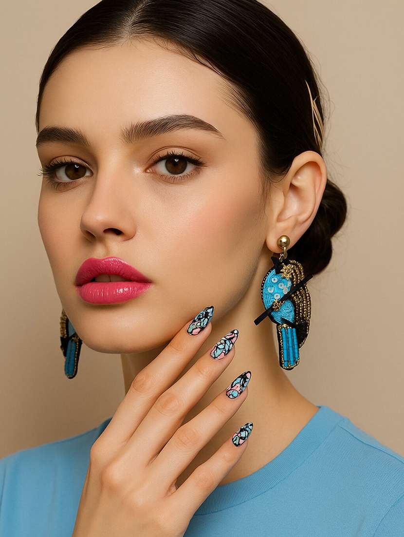 blue bird embroidered drop earrings