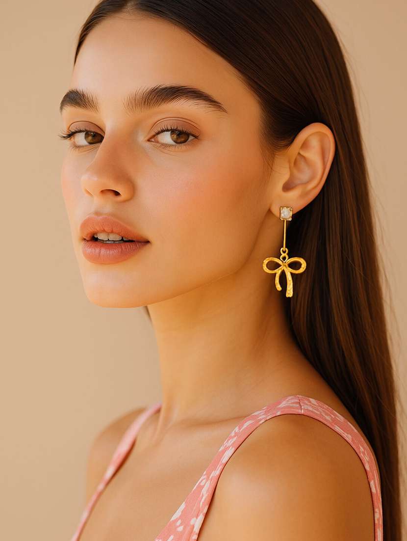 women gold alloy bow drop earring