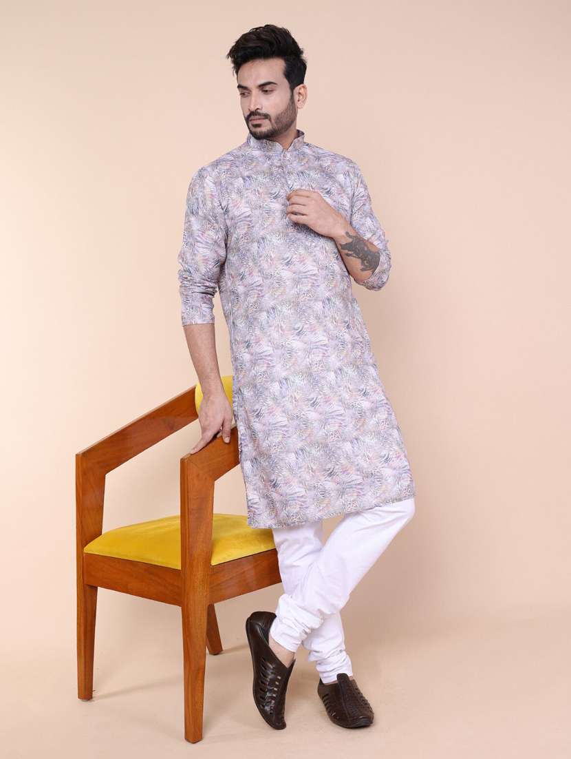men printed mandarin neck long kurta
