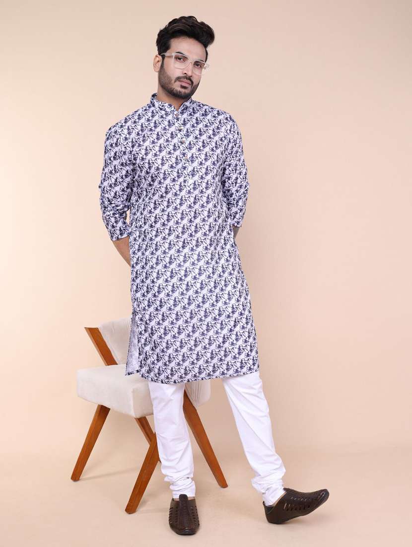 men printed mandarin neck long kurta