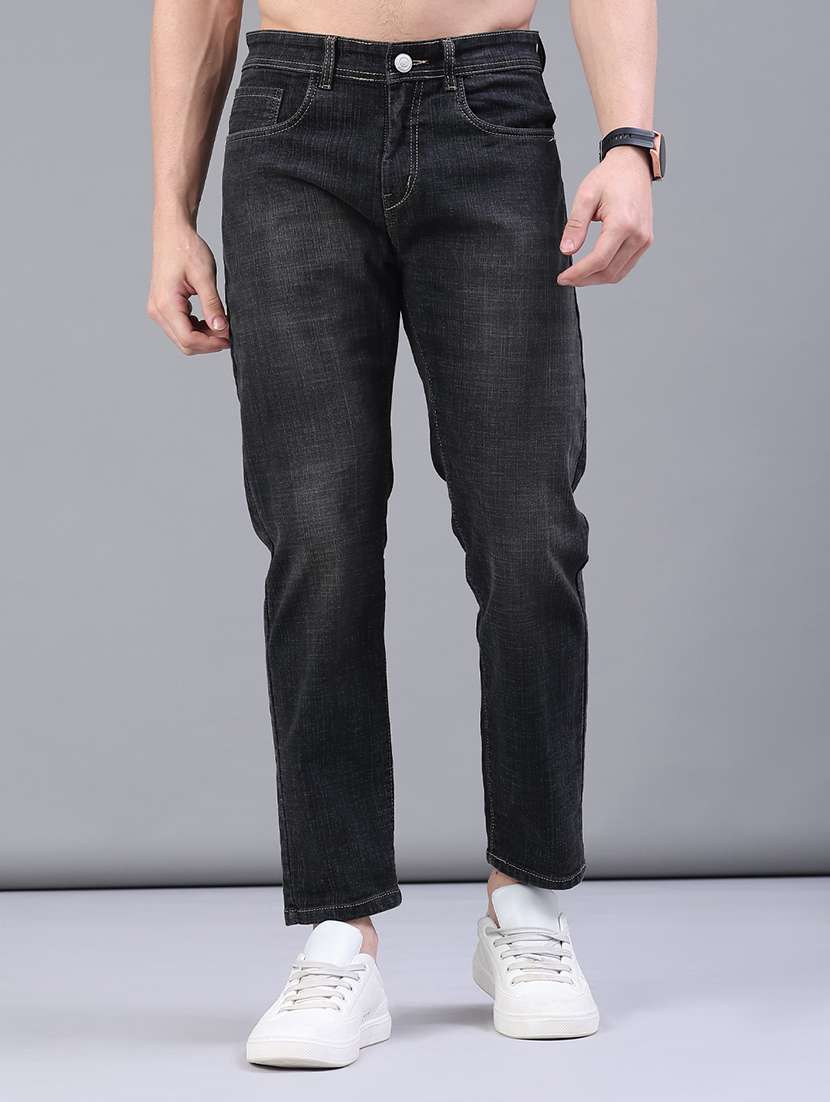 men washed mid rise full length jeans