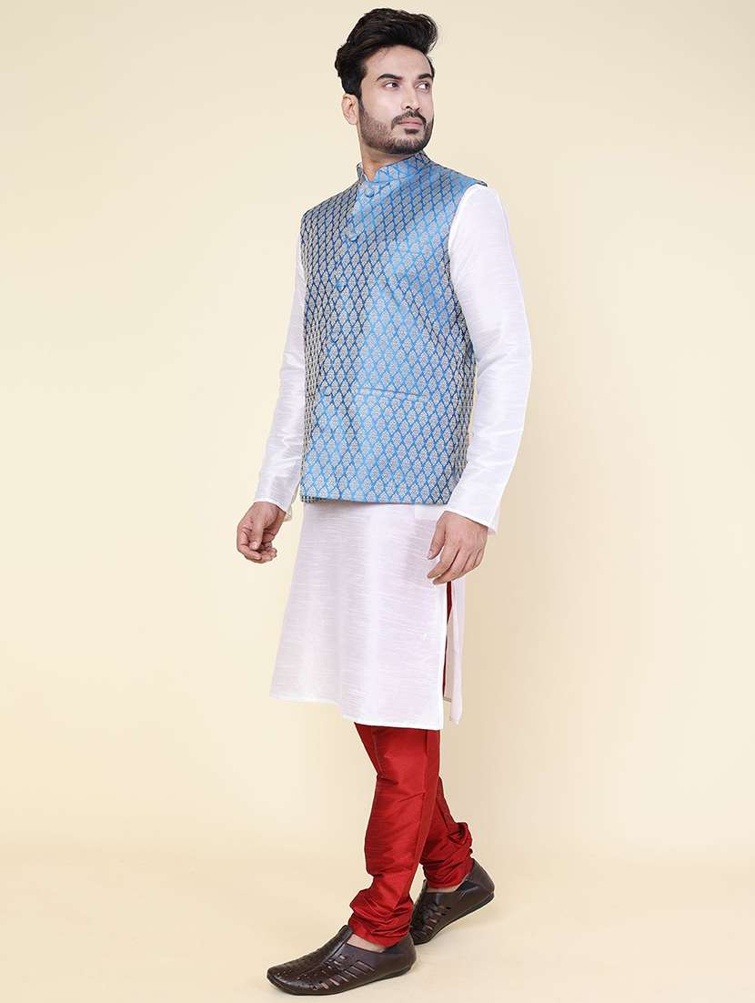 men solid mandarin neck kurta pyjama with jacket ethnic wear set - 22227987 -  Standard Image - 2